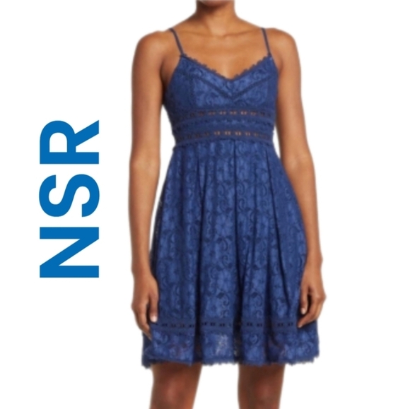 NSR Womens Provance Blue Navy Lace Mini Dress Sz S Adj. Straps Stretch flare - Picture 1 of 13